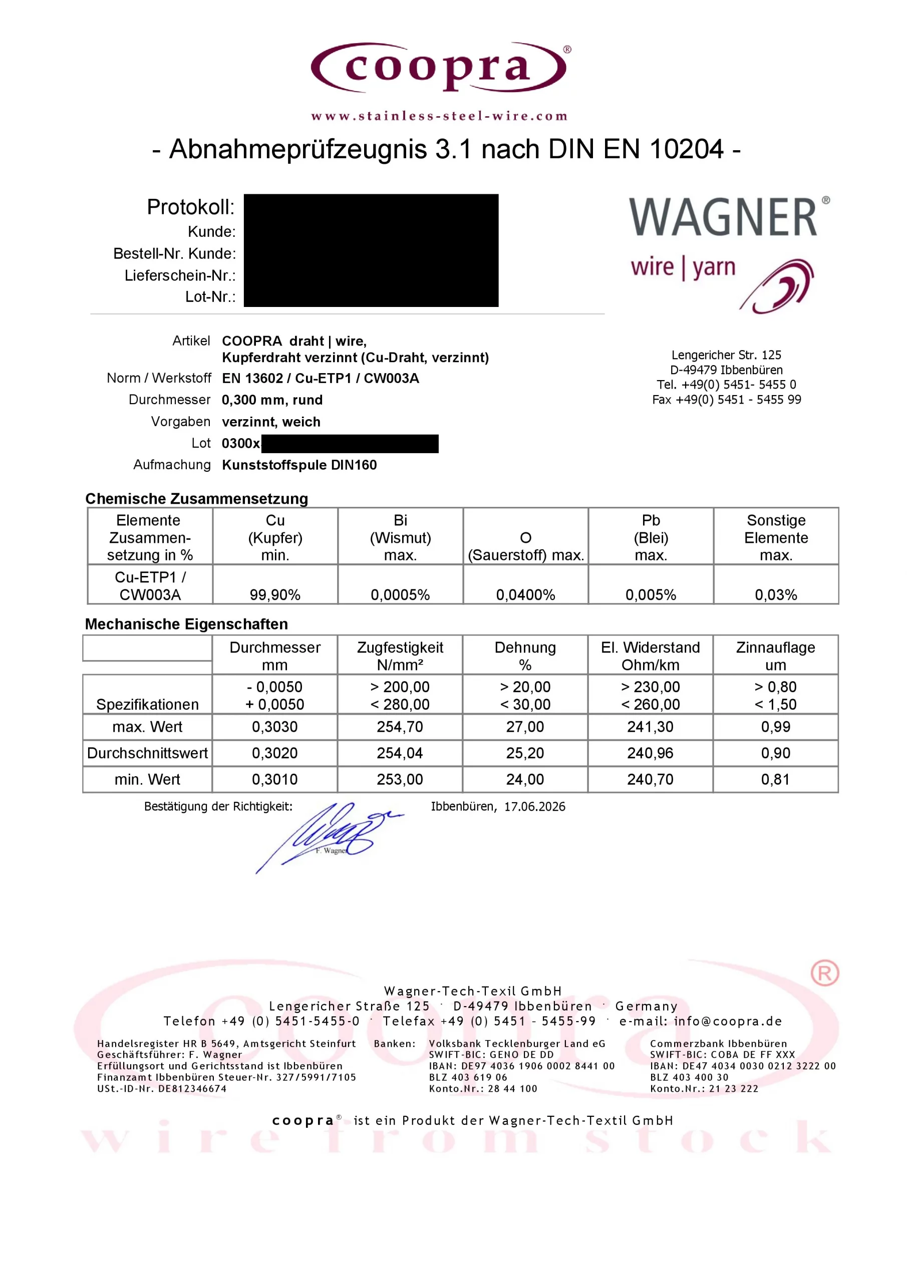 Our Test Certificate from Copper Wire