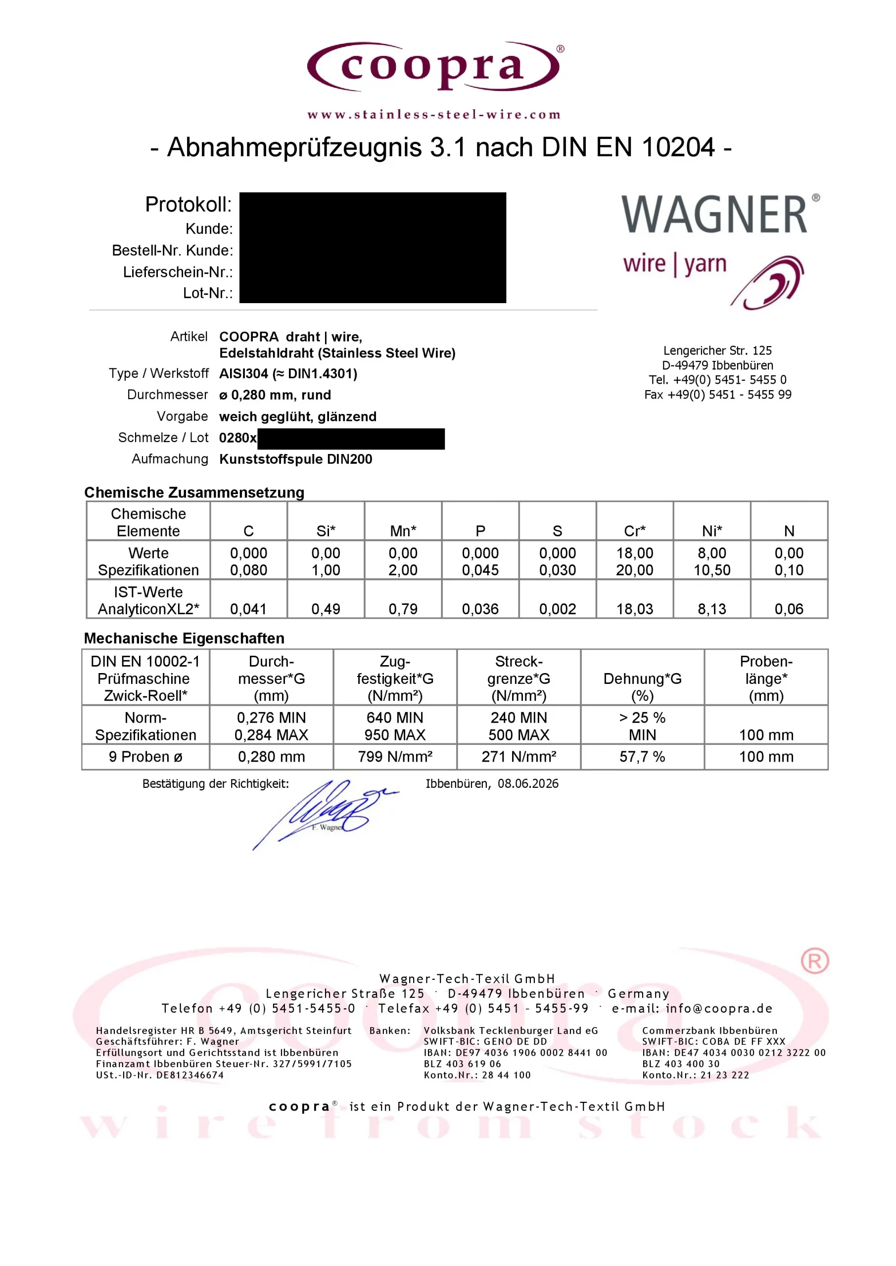 Our Test Certificate from Stainless Steel Wire